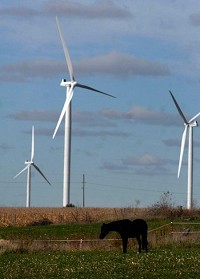 The Fowler Ridge Wind Farm spans several miles of Benton County countryside, with 222 towering, white wind turbines located on plots of land leased from farmers. It produces 400 megawatts of electricity, which is about as much as a mid-size coal-fired power plant. CHRISTOPHER SMITH | TIMES FILE PHOTO