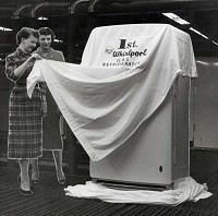 The first RCA Whirlpool gas refrigerator produced by Whirlpool Corp. comes off the assembly line on April 26, 1958. Looking at the new product are Peggy Atkins, left, and Carolyn Cooper, both of Whirlpool's accounting department. Courier &amp; Press archives