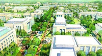 An artist&rsquo;s rendering included in the IU master plan looks south along the future North Woodlawn corridor, with multiuse academic buildings and trees lining a boulevard that links the Indiana Memorial Union, seen at the far end, with athletic facilities on 17th Street.