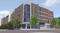 An architect&rsquo;s rendering of the exterior of a new, 155-room hotel proposed for the corner of Ninth Street and College Avenue.