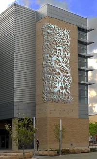 A computerized rendering of Roger White Stoller's "Vibrant River," a stainless steel sculpture set to go up on the Ford Center in 2013. Courtesy Roger White Stoller