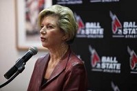 Ball State University president Jo Ann Gora introduces new Ball State athletic director Bill Scholl during a news conference April 30. / Ashley L. Conti / The Star Press
