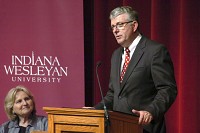 David Wright speaks Tuesday at the Phillippe Performing Arts Center after being named Indiana Wesleyan University's new president. Wright, the current provost and chief academic officer, will take office July 1.&nbsp; Staff photo by Jeff Morehead