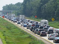 The westbound lanes of Interstate 94 look more like a parking lot on Sunday, July 6, at New Buffalo, not unusual for late Sunday afternoons in the summer.(SBT Photo/STAN MADDUX)