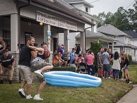 Ball State students have a party at a rental property near the intersection of McKinley and Jackson Streets Saturday evening. (Jordan Kartholl/The Star Press)
