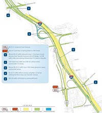 This map outlines the lane reductions which will occur on Interstate 65 in Clark County starting Sept. 2. Interstate 65 will go from three lanes to two in both directions. The lane closures will remain in effect until late 2016. Submitted photo
