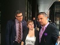 Steve Stolen (left), his 16-year-old daughter Abbey MacPherson Stolen and husband Rob MacPherson gather outside the federal building in Chicago after the same-sex marriage hearing&nbsp;Tuesday&nbsp;in the U.S. 7th Circuit Court of Appeals. All three are plaintiffs in the lawsuit filed by the American Civil Liberties Union. Lindsey Erdody | Herald-Times