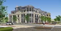 This architect's&nbsp; rendering shows a four-story, 35-residential-unit structure with 12,640 square feet of commercial space that is being planned for the northwest corner of the B-Line Trail and West Kirkwood Avenue. Courtesy image