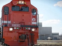A train on the test track at Progress Rail&rsquo;s Muncie plant. Photo provided by Progress Rail