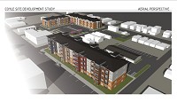 A $3.3 million state tax credit could lead to the construction of a 157-unit, upscale apartment complex on the former Coyle Chevrolet property along Spring Street in downtown New Albany. The estimated $16 million development, which would include multiple five-story apartment buildings and a renovation of the Coyle showroom into restaurant and office space, could begin later this year.