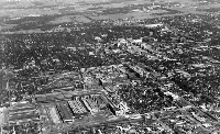 An aerial view of downtown South Bend with the Studebaker plant in the foreground. Notre Dame can be seen at the top right. South Bend Tribune archives
