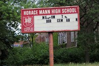 A welcome sign still sits on the south side of Horace Mann. Photo by Damian Rico