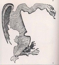 A replica of an 1812 cartoon in the Boston Gazette that likened one of the Elbridge Gerry-approved districts to a salamander, dubbing the creation the &ldquo;Gerry-mander.&rdquo;