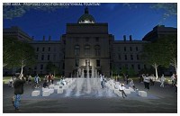 Courtesy of Indiana Bicentennial Commission The design of the plaza is centered on a fountain located at street level and featuring walkable stone pavement covered by a shallow layer of water. Bubbling water jets provide a soothing effect but also can be turned off to create a reflecting surface. Several rows of "seating cubes" will extend westward from the Statehouse through the area of the fountain. Instead of using limestone, which would deteriorate over time in the water, workers will install cubes fabricated from damage-resistant polycarbonate.