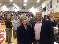 At the rally: Glenda Ritz and John Gregg greet each other at Monday&rsquo;s VCSC Back-to-School Employee Appreciation Rally. Staff photo by Sue Loughlin