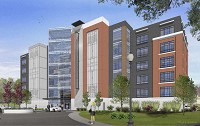 This illustration depicts one of the condominium towers that the Barak Group is proposing for a vacant parcel near Mishawaka&rsquo;s Beutter Park. Illustration provided