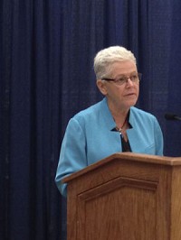 EPA Administrator Gina McCarthy talks to reporters Friday at the University of Notre Dame. SBT Photo/MARGARET FOSMOE