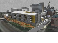 A rendering of the riverfront promenade, an elevated walkway that will span the city block behind the new $25 million Marq building, which is slated to open in the summer of 2017. Photo provided by Wabash River Enhancement Corp.