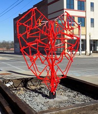 This sculpture, created from old bicycle frames, stands on the southwest corner of Broad and 15th streets. It marks one of the boundaries of the Robert Indiana Arts &amp; Culture Campus. The campus project received a $24,500 grant from the State of Indiana this week. Staff photo by Kevin L. Green