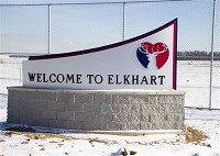 One of four new Elkhart signs is shown along the Toll Road entrance at Cassopolis Street Tuesday, Jan. 19, 2016.  (Elkhart Truth photo/Sam Householder)