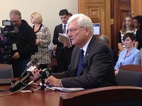 State Sen. Ed Soliday, R-Valparaiso, explains the details of the House Republican road funding plan during a meeting of the Senate Appropriations Committee at the Statehouse. Staff photo by Dan Carden