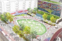 4th &amp; Main Street Park brings life to the core of Downtown with a rich mixture of programming and .exibility. As the center of a new "entertainment district," the park is equipped with a large outdoor performance space that is surrounded by vibrant ground .oor retail. Artist's rendering