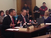 Kansas Secretary of State Kris Kobach (left) and Dale Wilcox, an attorney formerly of Terre Haute, testify Tuesday at the Statehouse at the Senate Select Commission on Immirgration. Staff photo by Dan Carden