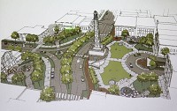 A rendering of&nbsp;the Public Square showing the proposed civic plaza structure and tower. This is a view facing south; the Methodist Building is seen in the lower right. Staff photo by John Walker