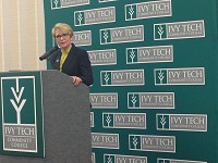Former Lt. Gov. Sue Ellspermann speaks to reporters Wednesday in Indianapolis after being elected the ninth president of Ivy Tech Community College. Staff photo by Dan Carden