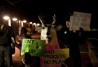 Protesters outside city hall prior to a Nov. 12, 2014, Bloomington City Council meeting donned deer masks as well as signs to protest a plan to use sharpshooters to reduce the deer population at Griffey Lake. Staff file photo by Matthew Hatcher
