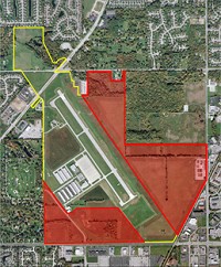 In red shading, this map shows the basic outline of the land at Indianapolis Metropolitan Airport targeted for commercial development.