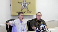 Cook County Sheriff Tom Dart, left, and Lake County Sheriff John Buncich discuss a new anti-gang initiative and agreement between counties at the Lake County Sheriff's Department on Friday in Crown Point. (Suzanne Tennant / Post-Tribune)