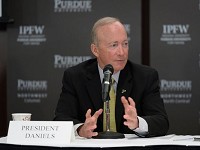 Purdue President Mitch Daniels on Thursday lays out plans to take on Kaplan University to expand Purdue's reach online to new students. Photo by John Underwood/Purdue University