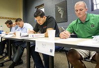 Students work during a writing workshop as part of the Warrior-Scholar Project at Notre Dame, Thursday, June 8, 2017, in South Bend. Staff photo by Becky Malewitz