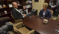 Indiana Secretary of State Connie Lawson talks Terre Haute Chamber of Commerce President David Haynes about her confidence in the state's elections during her visit to his office, Thursday, July 13, 2017. Staff photo by Joseph C. Garza
