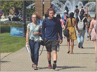 More Sycamores: Indiana State University freshmen Bailie Winkle of Terre Haute and Dallas Leach of Westburke, Vermont, walk across campus on Tuesday. Enrollment has increased this year for Indiana State. Staff photo by Joseph C. Garza