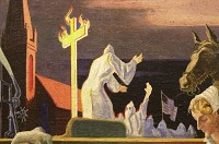 A Ku Klux Klan cross-burning is seen in a portion of a controversial Thomas Hart Benton mural depicting Indiana history. One of 22 Benton mural on the Indiana University campus, this one is in a Woodburn Hall classroom. Staff photo by David Snodgress