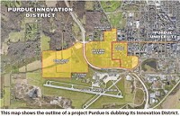 This map shows the outline of a project Purdue is dubbing its Innovation District. It will combine space for housing, retail and industry on the western edge of campus. Image provided by Purdue University