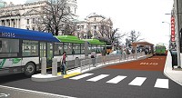 IndyGo has released renderings of key Red Line stations. Some will board at islands in the middle of the street. (Rendering courtesy of IndyGo)