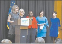NEW INITIATIVE: Liane Hulka, left, announces the Hoosier Women Forward effort to bring more Democratic women into public service. Joining her are, from left, State Rep. Terri Austin, D-Anderson; Gary Mayor Karen Freeman-Wilson; community activist Elise Shrock; and Cummins Inc. Vice President Marya Rose. CNHI News Indiana photo by Scott L. Miley