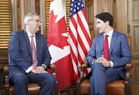 Indiana Gov. Eric Holcomb meets with Canadian Prime Minster Justin Trudeau during a recent mission trip to Canada. Holcomb invited Trudeau to an Indianapolis 500 race. Photo provided