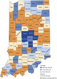  Becoming sparser: Vigo County&rsquo;s population is projected to shrink by more than 2,200 residents by 2050, according to calculations released last month by the Indiana Business Research Center at Indiana University&rsquo;s Kelley School of Business. Most Indiana counties with a large city are expected to see population gains. This graphic shows the projected population change by county from 2015 to 2050 in Indiana.  Courtesy Indiana Business Research Center