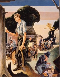 Thomas Hart Benton&rsquo;s series for the Indiana Hall at the 1933 Chicago World Exposition hangs on permanent display at Indiana University in Bloomington. A photo print on canvas of Panel 4 is among several reproductions on display in Sara&rsquo;s Harmony Way in New Harmony, Indiana. Photo courtesy Indiana University