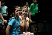 Kayli Hoffman of Jasper, left, and Abbi Hall of Huntingburg, both 11, rehearsed June 25 for Missoula Children&rsquo;s Theatre&rsquo;s production of &ldquo;Sleeping Beauty&rdquo; at the Jasper Arts Center. The children&rsquo;s theatre is a traveling nonprofit that works with students in grades one through 12 to put on a full production of a play in just one week. It was part of the arts center&rsquo;s summer ARTventures program. Staff photo by Ariana van den Akker