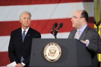 Vice President of the United States Joe Biden listens as Charles Gassenheimer, then CEO of Ener1 group, speaks during a visit in 2011 at Enerdel, a battery manufacturer located in Greenfield. (Tom Russo | Daily Reporter) 