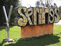 An art piece welcomes visitors to Yellow Springs, Ohio. Yellow Springs, an artsy village of 3,500 people, is home to Antioch College. Staff photo by Meghan Holden