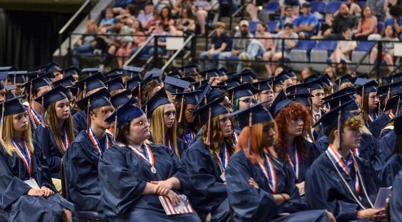 Graduation rates could fall for some Indiana high schools, the result of a new law that limits the percentage of students who graduate with waivers. Here, The Terre Haute North Vigo High School class of 2022 listens to a commencement speech during the ceremony at Hulman Center on June 5, 2022. Tribune-Star file/Austen Leake
