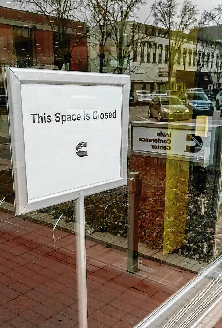 A sign inside the Cummins Irwin Conference Center, 500 Washington Street, says “This space is closed.” Cummins has offered the downtown landmark and several other downtown office spaces for sale. Dave Stafford | The Republic