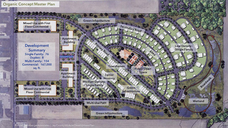 Rundell Ernstberger Associates is planning potential development of the county-owned 68 acres on the western edge of Portland. Pictured above is a concept design for housing, which would call for 76 single-family homes, eight duplexes and 154 multi-family units. The project — it would be completed in 10 phases — is estimated at a total of $25.5 million. (The Commercial Review/Bailey Cline)