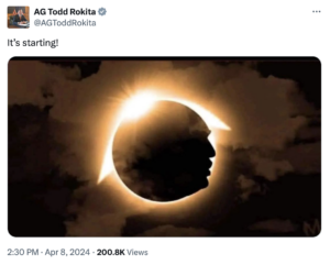 Indiana Attorney General Todd Rokita’s posting on X during the eclipse. (Screenshot)